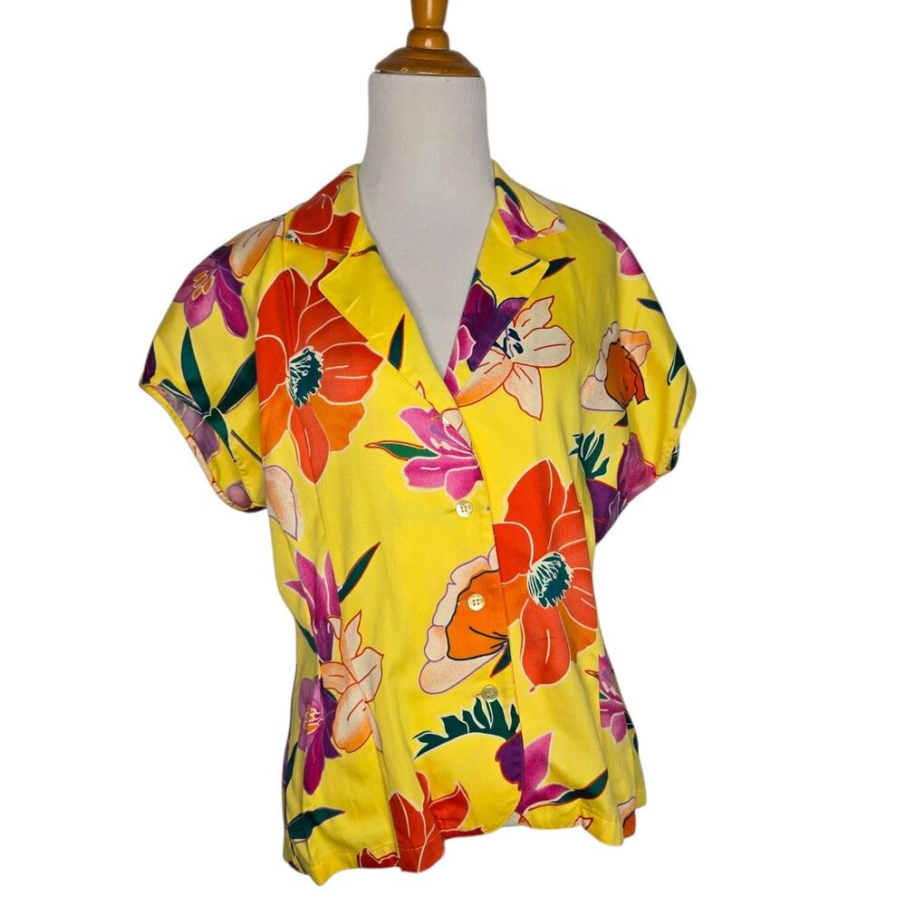 Vintage Escada Hawaiian Shirt Yellow Floral Coconutgirl Colorful Women 40